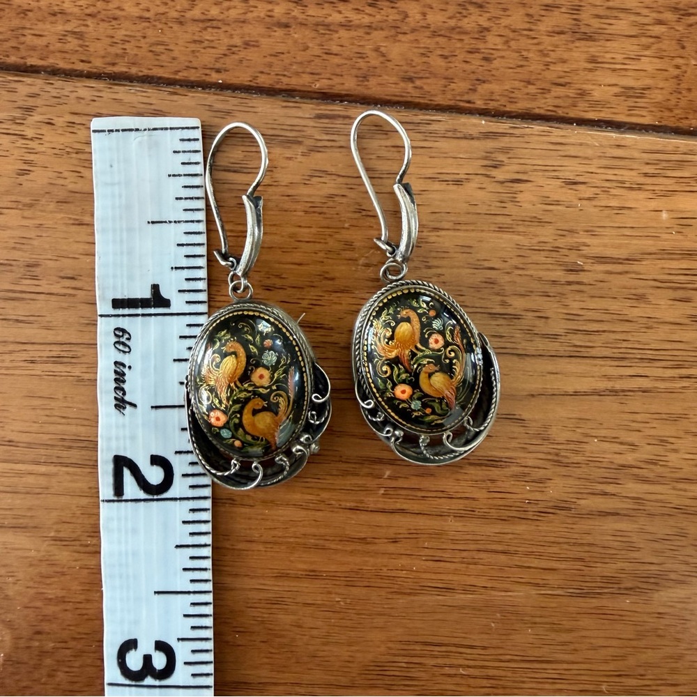 Vintage Russian Palekh Bird & Floral Earrings Hand Painted Folk Art USSR - Picture 6 of 6